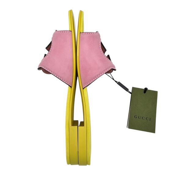 Gucci GG Cut Out Slide Flat Sandal Yellow Pink Suede Leather Size 38.5 US 8.5 - Picture 6 of 9